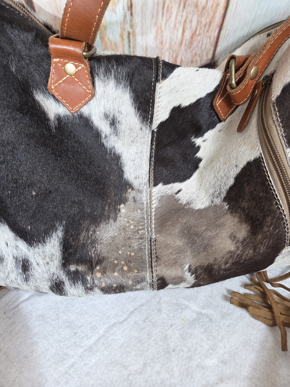 Myra Bag Leather and Haircalf Detailing Concealed Carry Bag in Brown and White - Picture 6 of 9